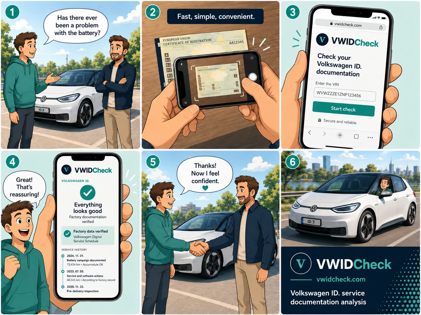 A series of images demonstrating how to use VWIDCheck on a mobile device: photographing the registration certificate, recognizing the VIN and opening the analysis.